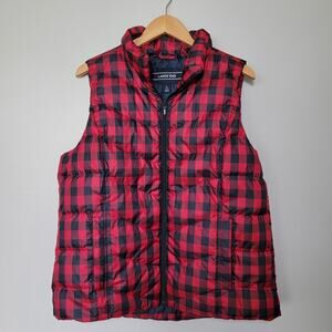 Lands End Down Puffer Vest Buffalo Plaid Red Gingham Check Sz L Gorpcore Layer